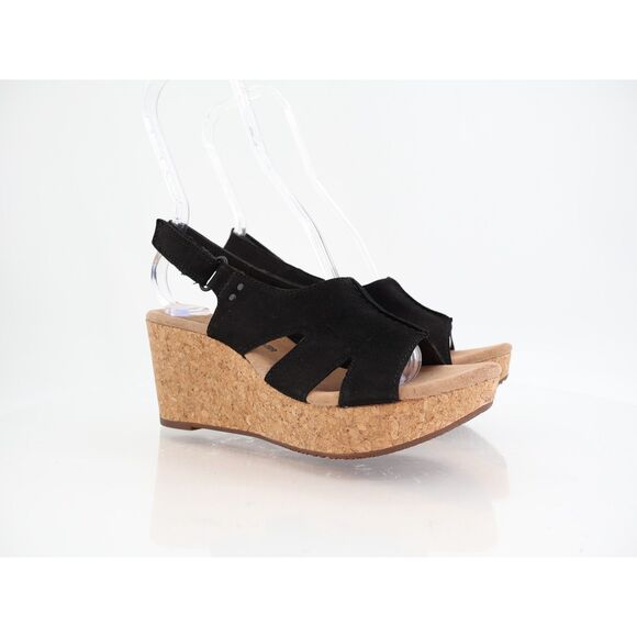 Clarks Women Annadel Bari Sandal Size 7.5 Black Leather Cork Wedge Heel Platform - Picture 1 of 11